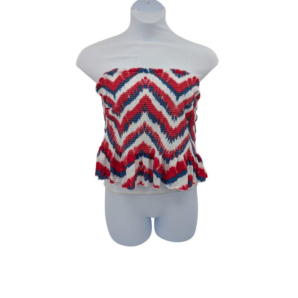 Boho Beach July 4th Holiday Red White Blue Chevron Smocked Peplum 3XL Tube Top - Picture 2 of 8